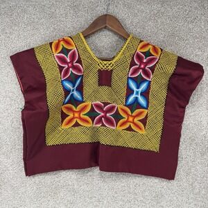 Handmade Tehuana Huipil Red Yellow Embroidered Mexican Folk Traditional Top